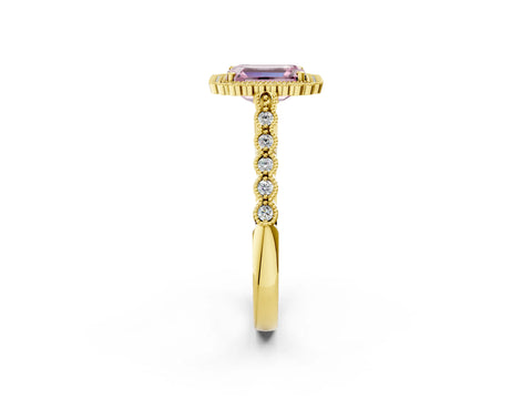 Yellow gold Fancy Pink Emerald Cut Cut Halo Pavé Solitaire Ring with Milgrain Band_2