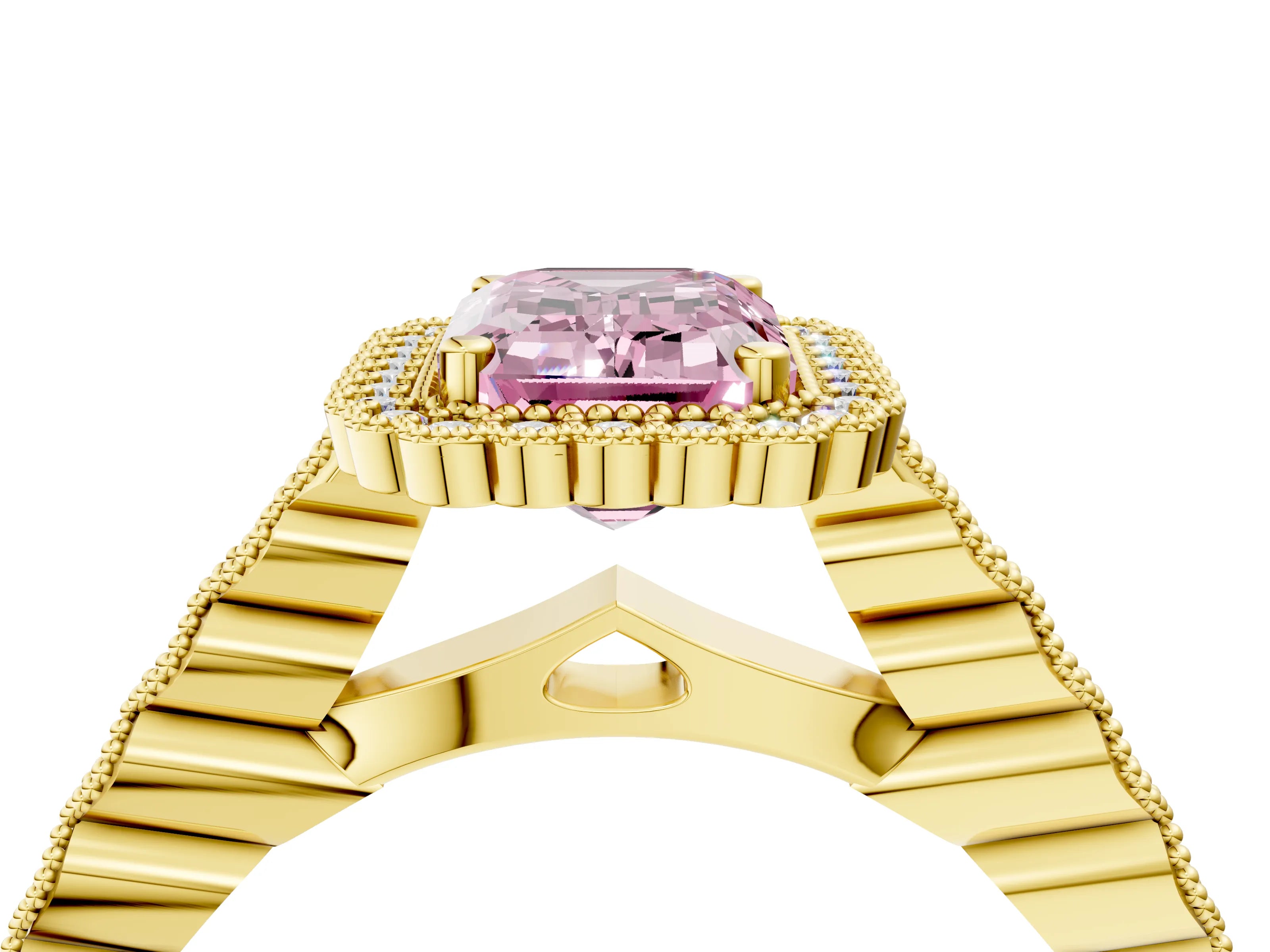 Yellow gold Fancy Pink Emerald Cut Cut Halo Pavé Solitaire Ring with Milgrain Band_4
