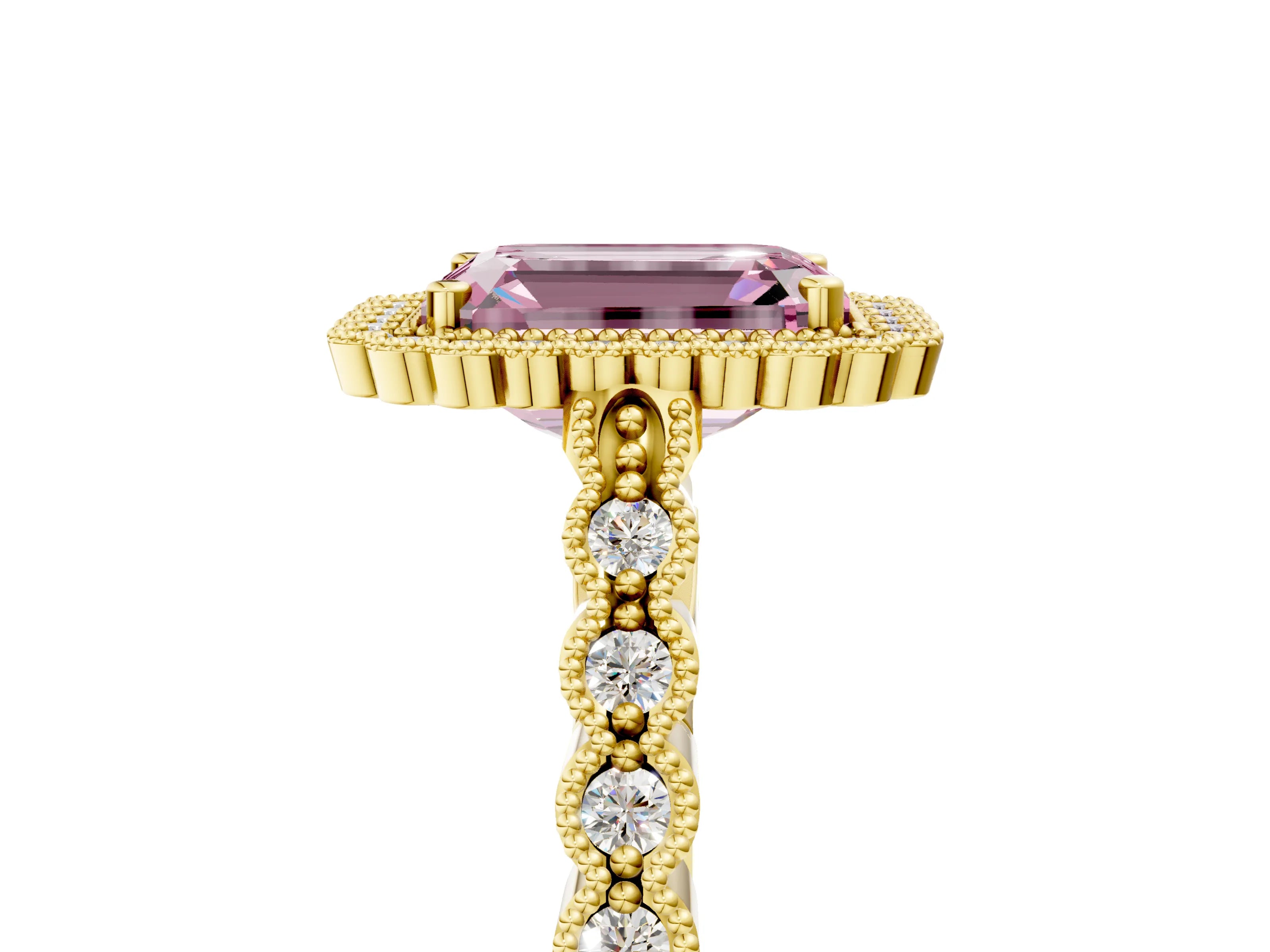 Yellow gold Fancy Pink Emerald Cut Cut Halo Pavé Solitaire Ring with Milgrain Band_5