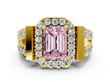 Yellow gold Fancy Pink Emerald Cut Cut Halo Split Shank Prong Set Ring