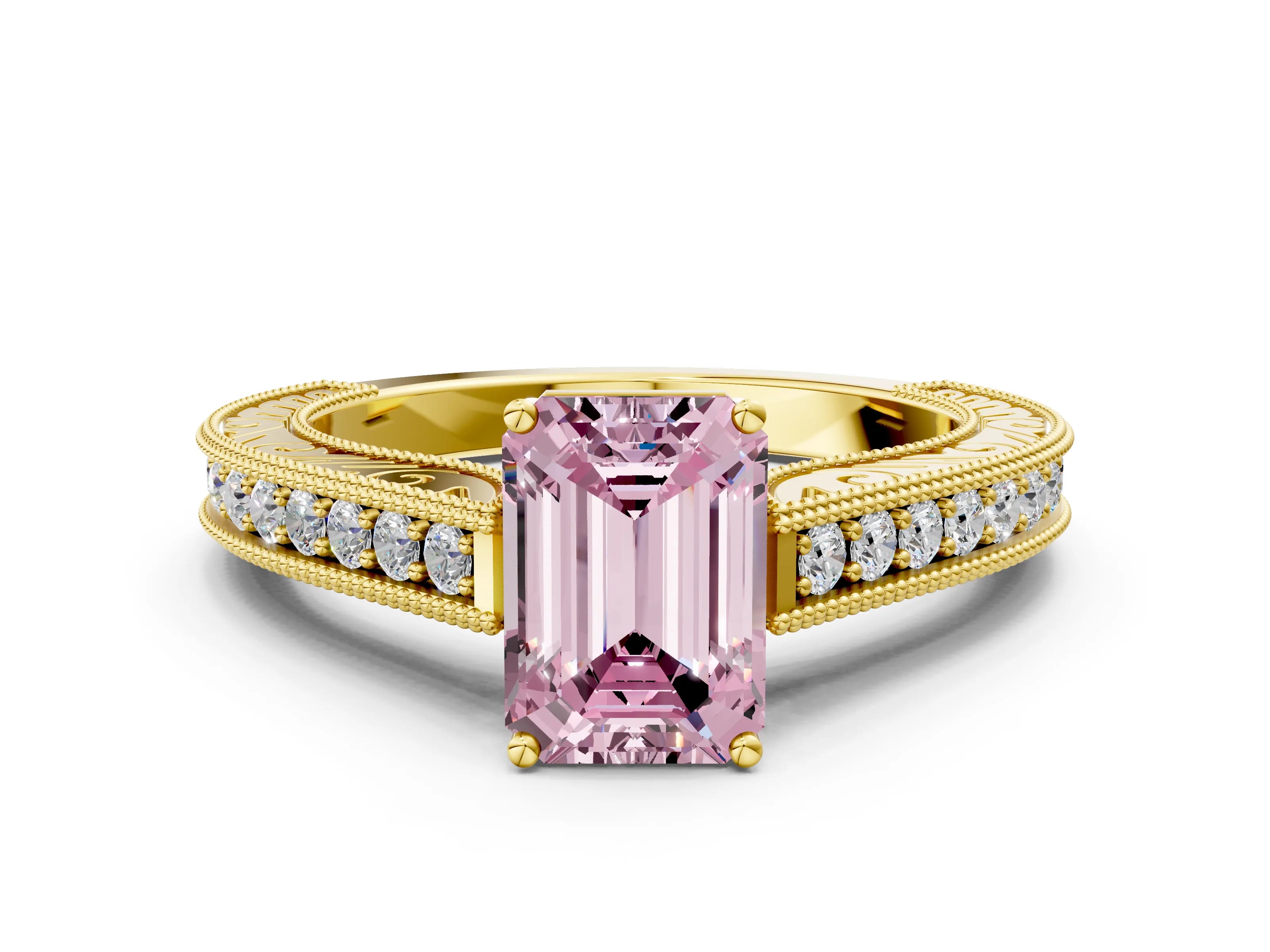 Yellow gold Fancy Pink Emerald Cut Cut Pave Band Milgrain Solitaire Ring