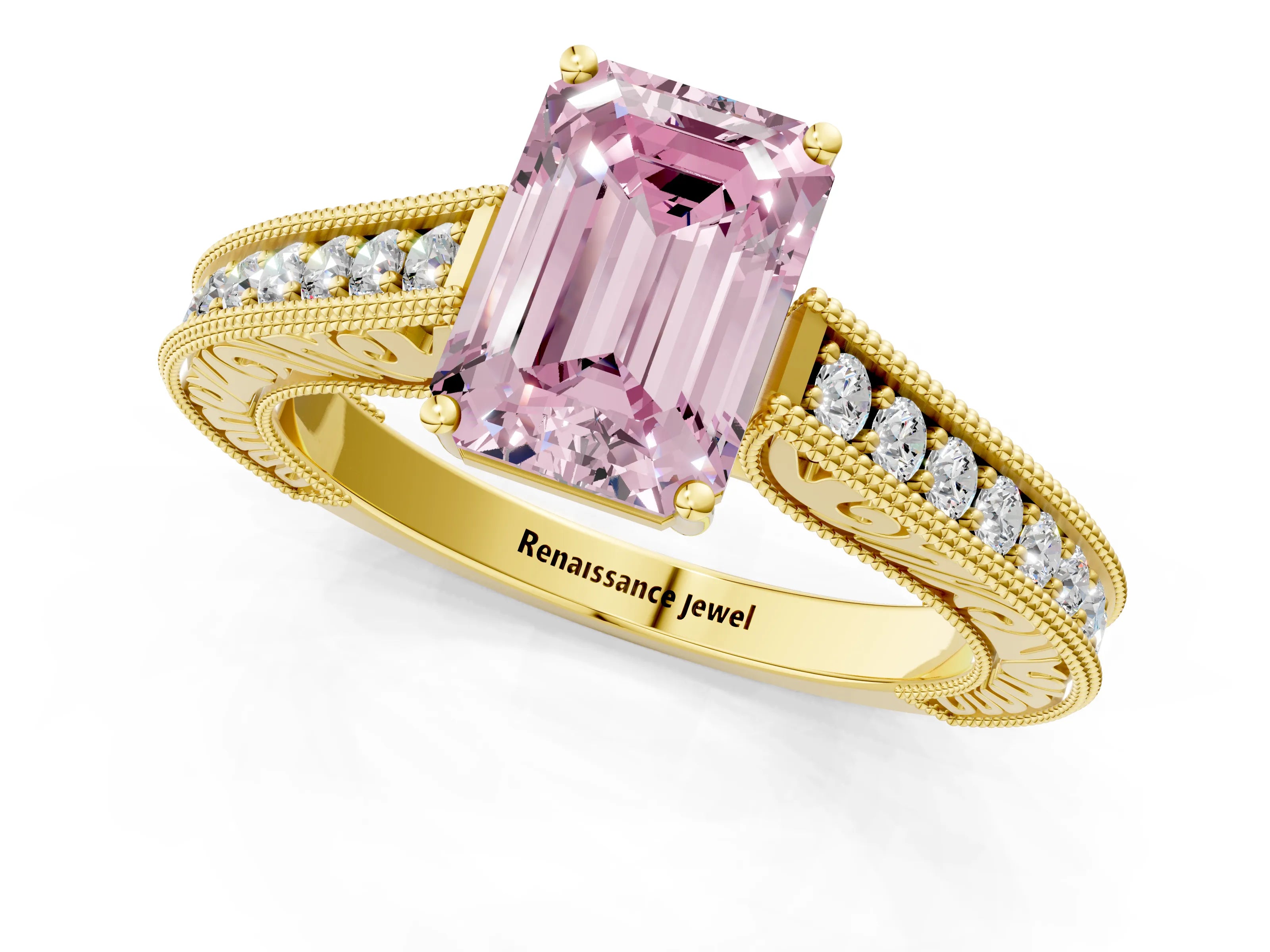 Yellow gold Fancy Pink Emerald Cut Cut Pave Band Milgrain Solitaire Ring_1