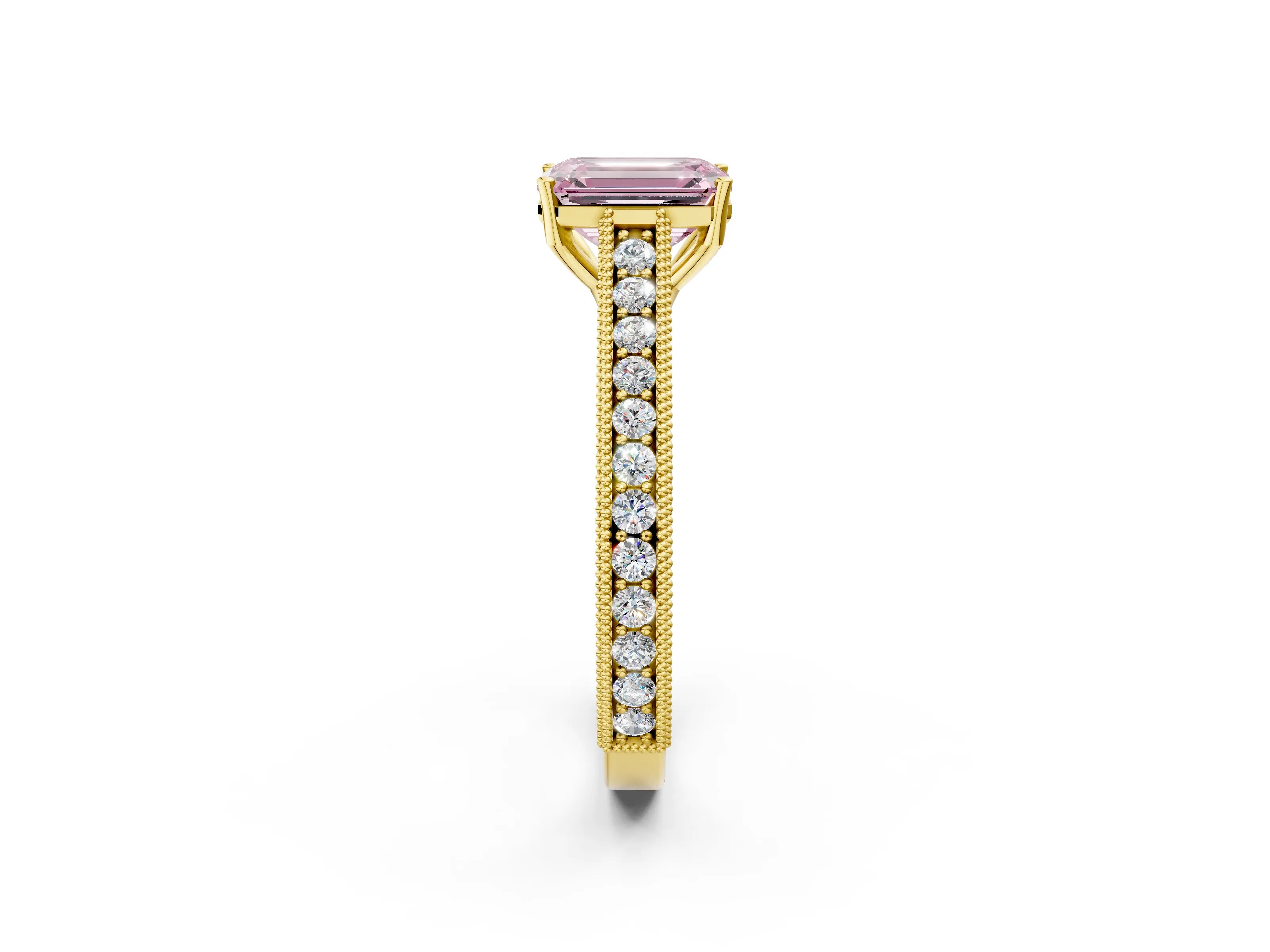 Yellow gold Fancy Pink Emerald Cut Cut Pave Band Milgrain Solitaire Ring_2