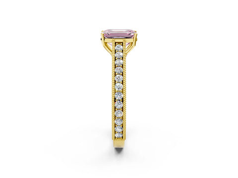 Yellow gold Fancy Pink Emerald Cut Cut Pave Band Milgrain Solitaire Ring_2