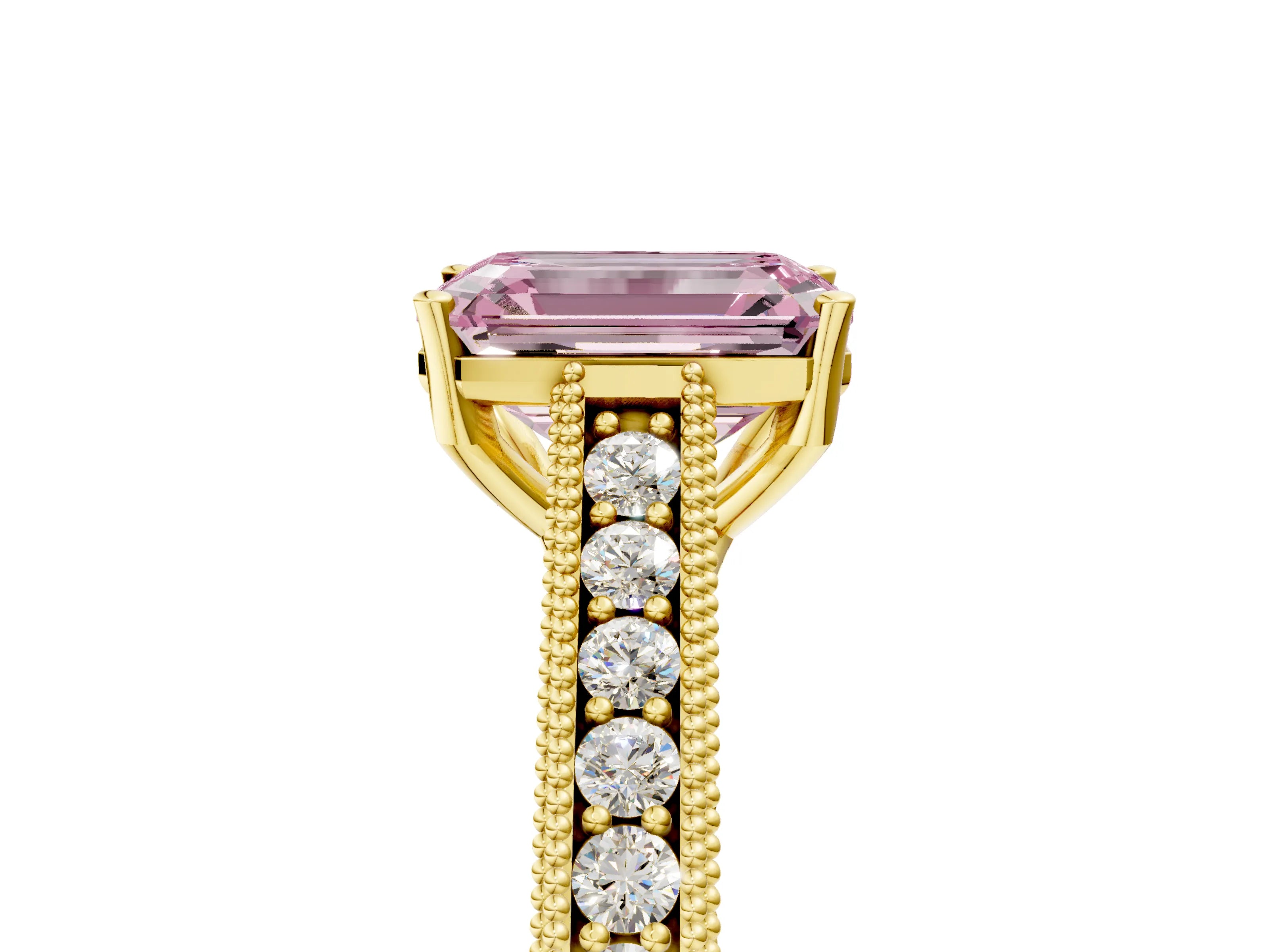 Yellow gold Fancy Pink Emerald Cut Cut Pave Band Milgrain Solitaire Ring_5