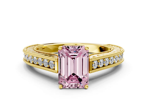 Yellow gold Fancy Pink Emerald Cut Cut Pave Band Milgrain Solitaire Ring