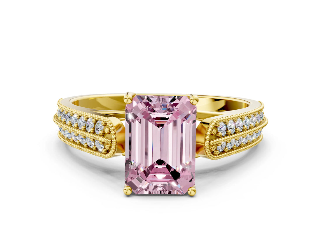 Yellow gold Fancy Pink Emerald Cut Cut Pave Split Shank Engagement Ring with Four-Prong Setting
