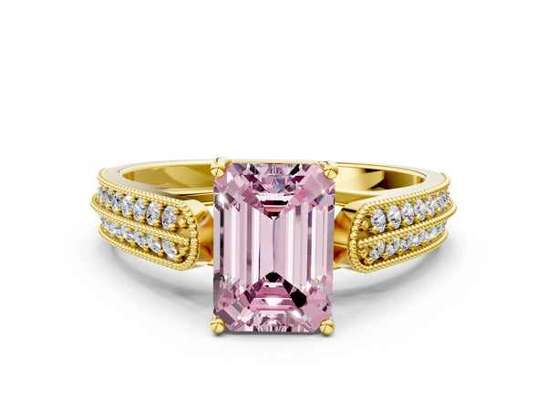Yellow gold Fancy Pink Emerald Cut Cut Pave Split Shank Engagement Ring with Four-Prong Setting