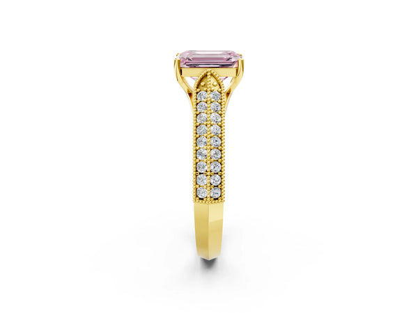 Yellow gold Fancy Pink Emerald Cut Cut Pave Split Shank Engagement Ring with Four-Prong Setting