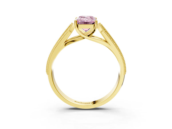 Yellow gold Fancy Pink Emerald Cut Cut Pave Split Shank Engagement Ring with Four-Prong Setting