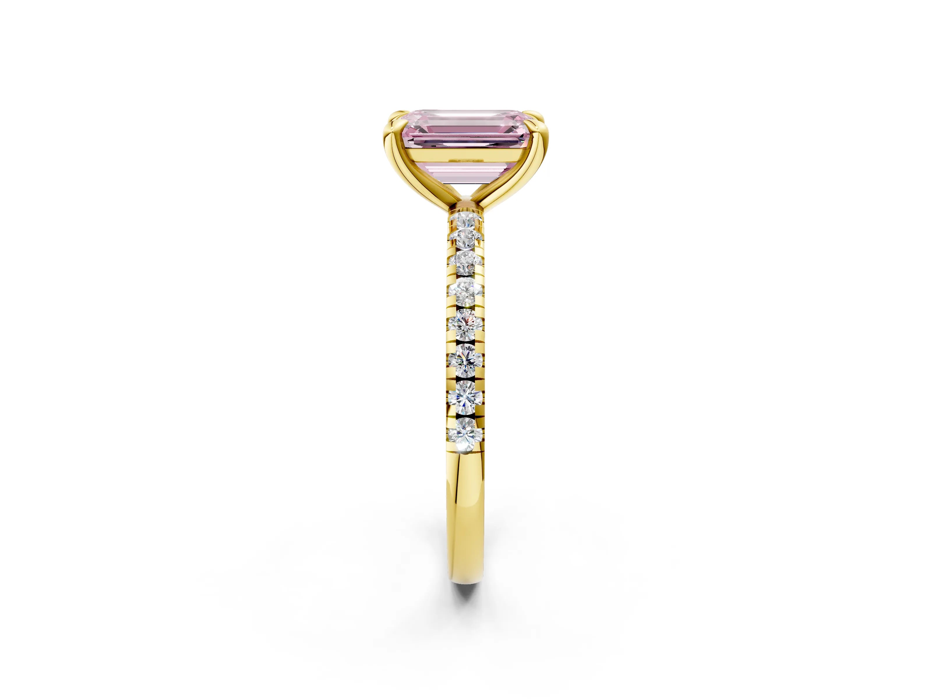 Yellow gold Fancy Pink Emerald Cut Diamond Brilliant Solitaire Ring with Pavé Band and Four-Prong Setting_2