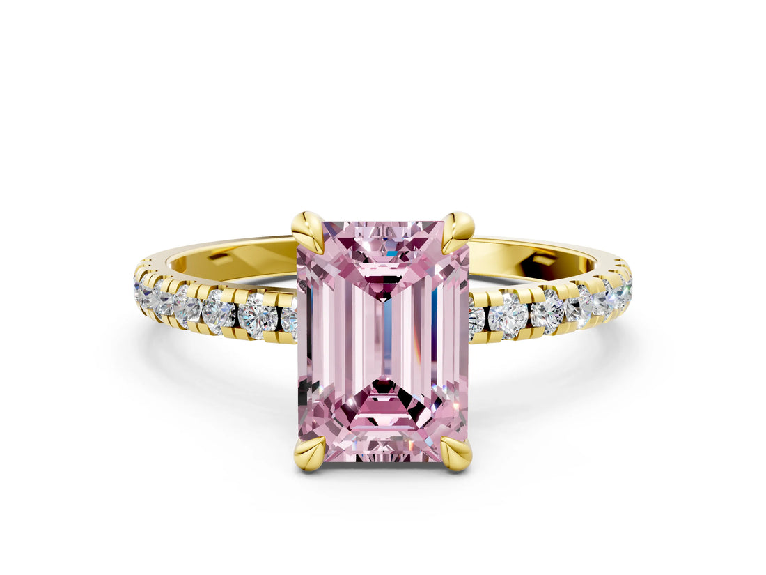 Yellow gold Fancy Pink Emerald Cut Diamond Brilliant Solitaire Ring with Pavé Band and Four-Prong Setting_24