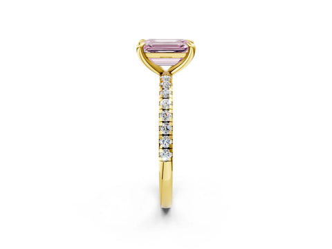 Yellow gold Fancy Pink Emerald Cut Diamond Brilliant Solitaire Ring with Pavé Band and Four-Prong Setting_2