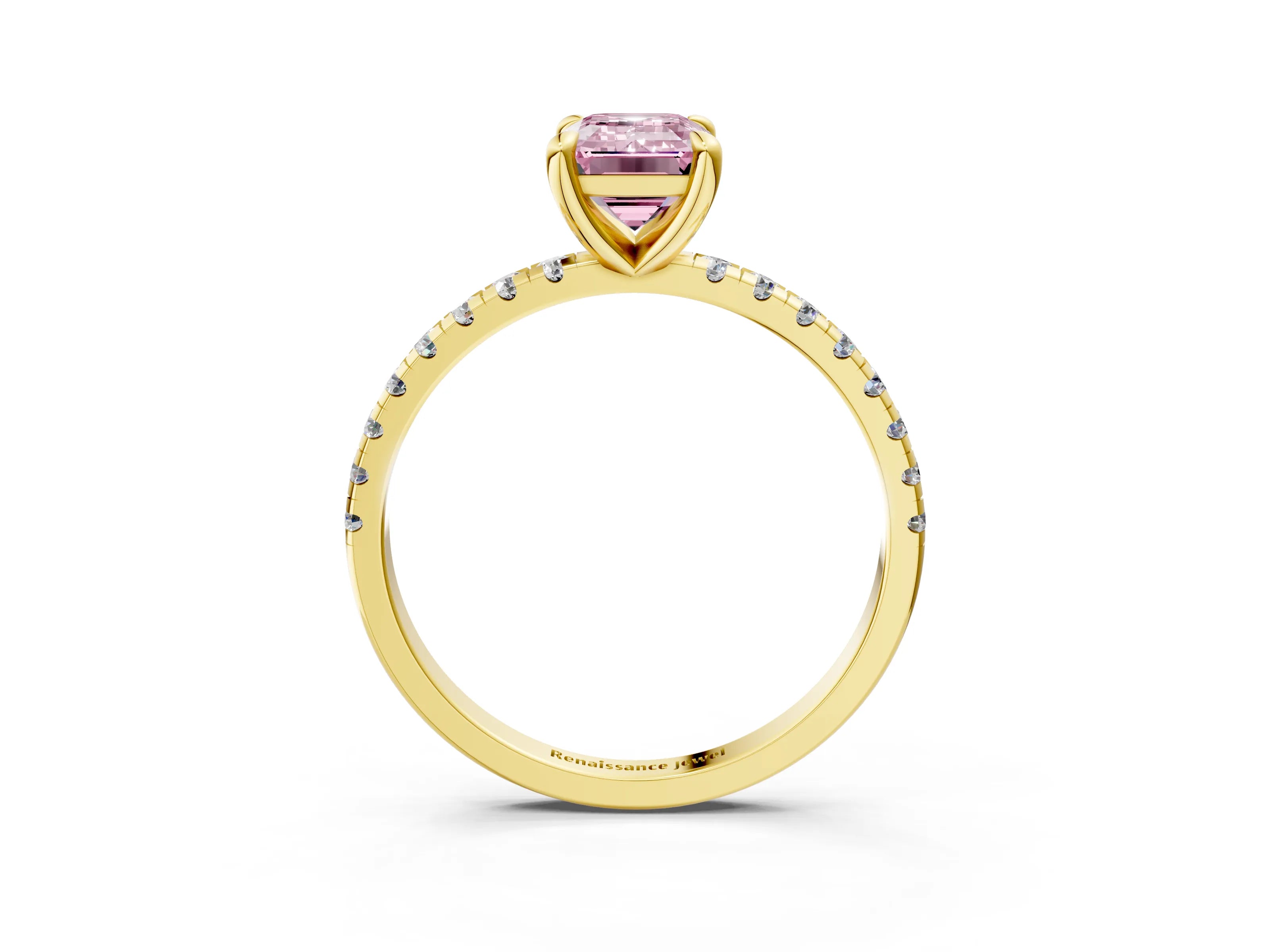 Yellow gold Fancy Pink Emerald Cut Diamond Brilliant Solitaire Ring with Pavé Band and Four-Prong Setting_3
