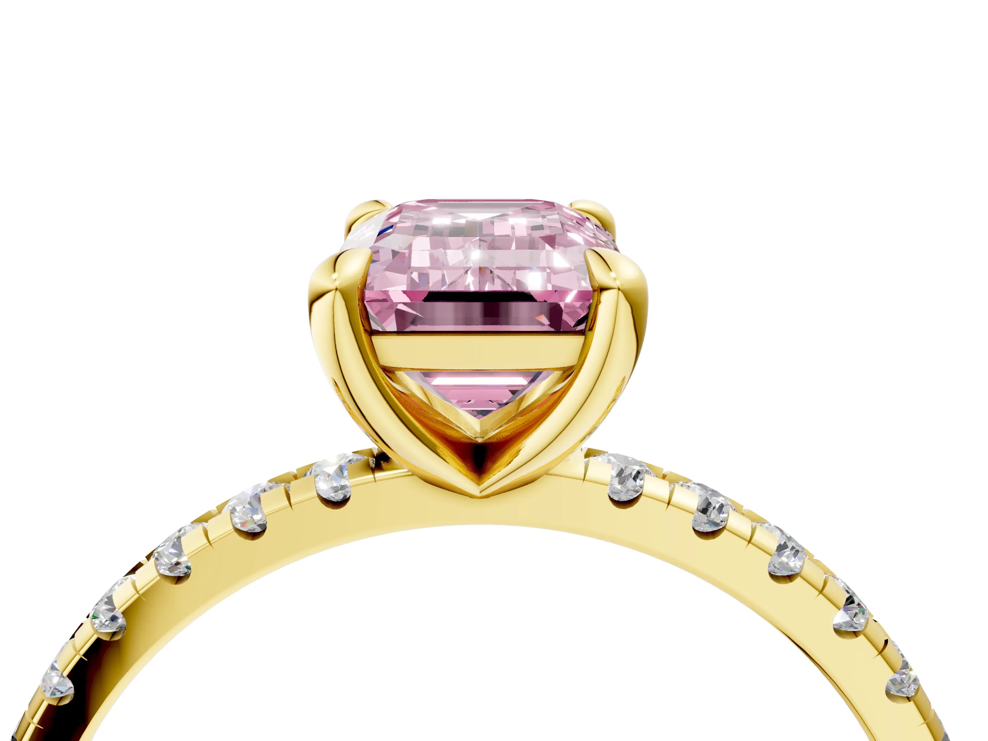 Yellow gold Fancy Pink Emerald Cut Diamond Brilliant Solitaire Ring with Pavé Band and Four-Prong Setting_4