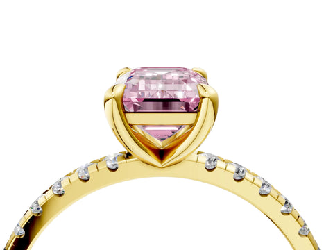 Yellow gold Fancy Pink Emerald Cut Diamond Brilliant Solitaire Ring with Pavé Band and Four-Prong Setting_4