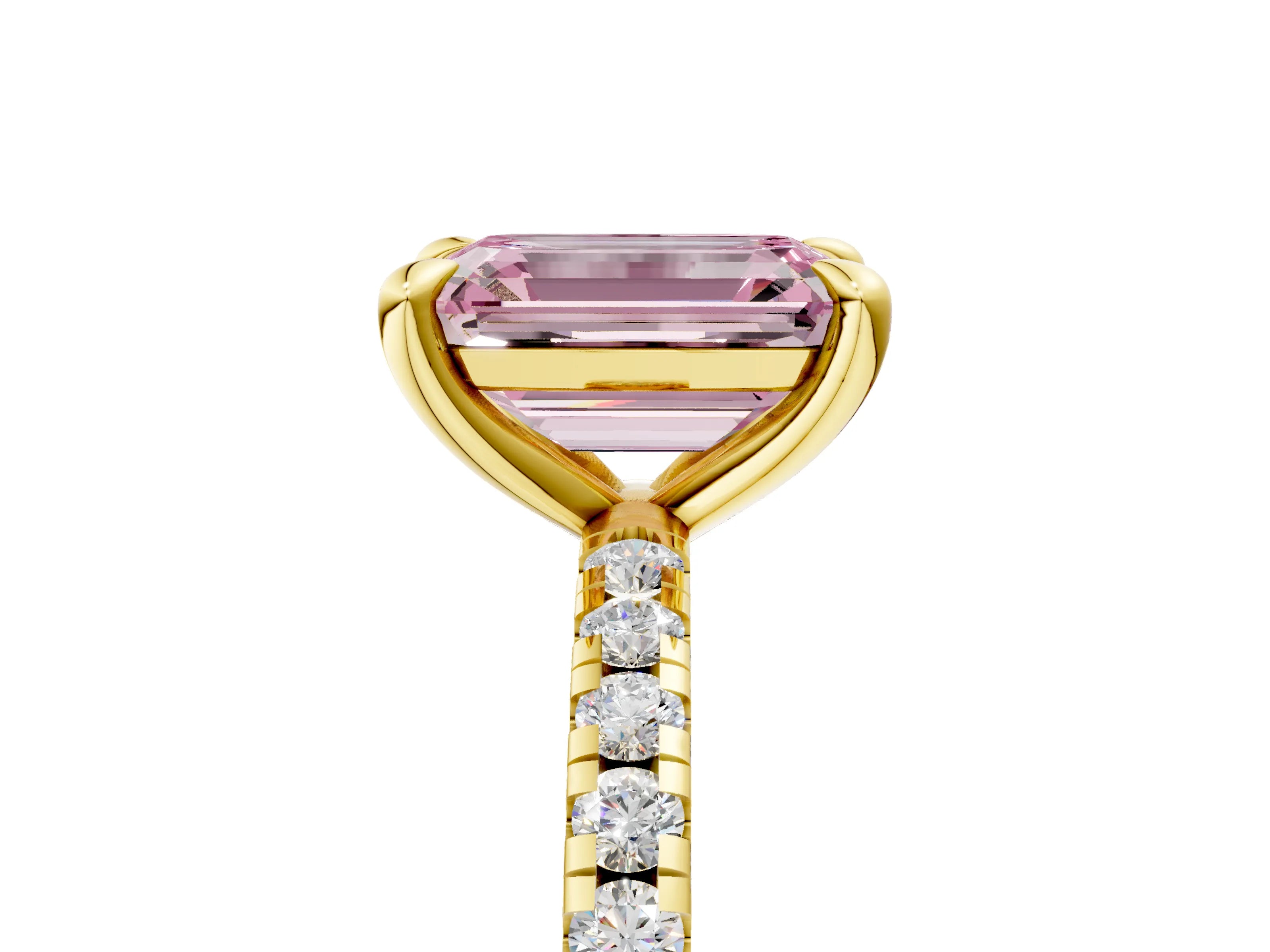 Yellow gold Fancy Pink Emerald Cut Diamond Brilliant Solitaire Ring with Pavé Band and Four-Prong Setting_5
