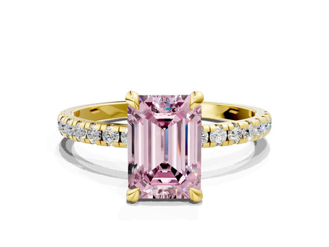 Yellow gold Fancy Pink Emerald Cut Diamond Brilliant Solitaire Ring with Pavé Band and Four-Prong Setting