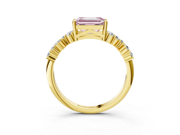 Yellow gold Fancy Pink Emerald Cut Diamond Cluster Pavé Band with Four-Prong Setting