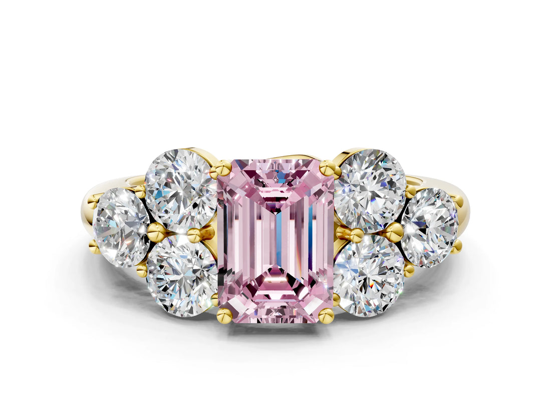 Yellow gold Fancy Pink Emerald  Cut Diamond Cluster Ring with Round Accent Stones and Prong Setting on a Classic Band_49