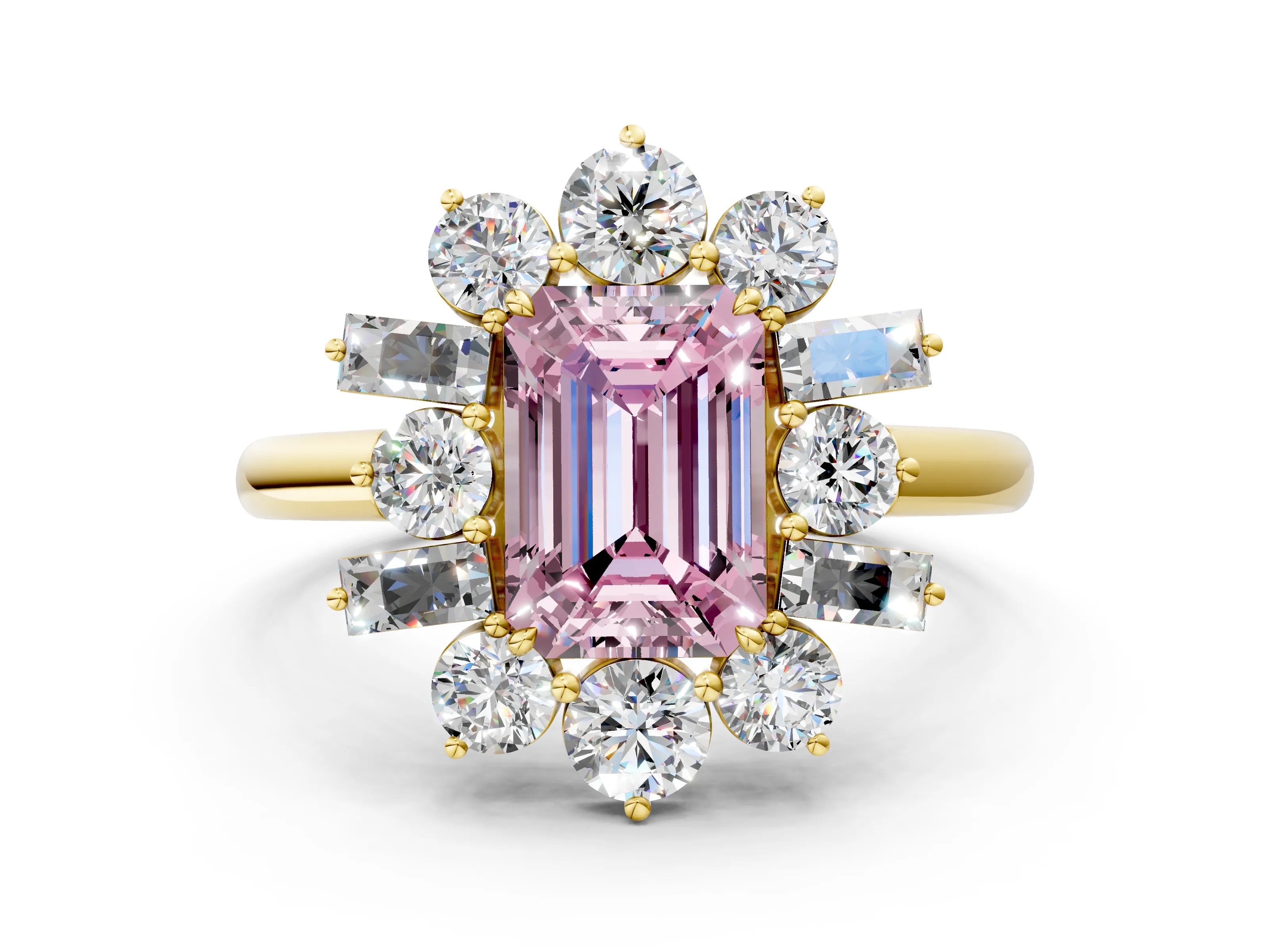 Yellow gold Fancy Pink Emerald Cut Diamond Cluster Ring with Round and Baguette Stones, Split Shank Band, Prong Setting