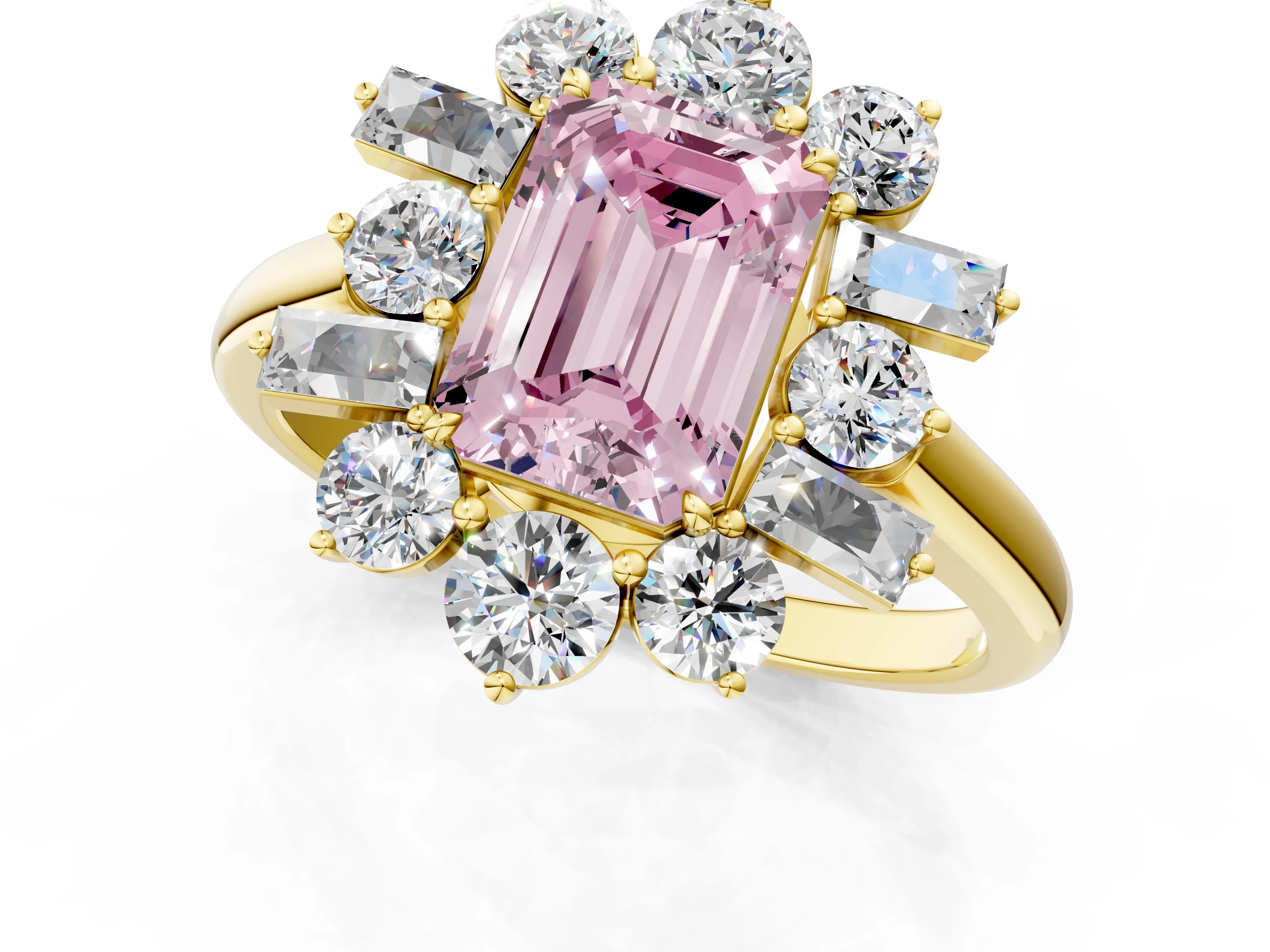 Yellow gold Fancy Pink Emerald Cut Diamond Cluster Ring with Round and Baguette Stones, Split Shank Band, Prong Setting_1