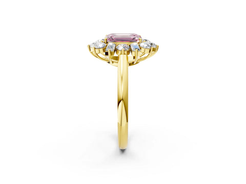 Yellow gold Fancy Pink Emerald Cut Diamond Cluster Ring with Round and Baguette Stones, Split Shank Band, Prong Setting_2