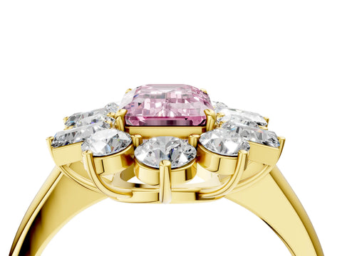 Yellow gold Fancy Pink Emerald Cut Diamond Cluster Ring with Round and Baguette Stones, Split Shank Band, Prong Setting_4