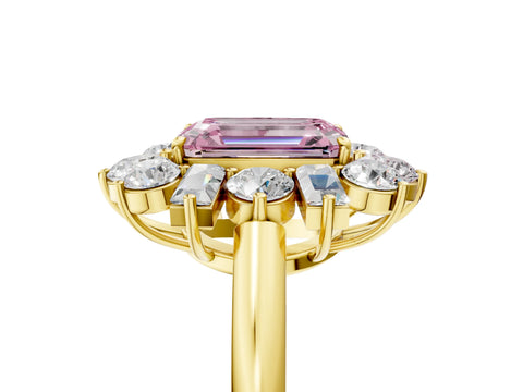 Yellow gold Fancy Pink Emerald Cut Diamond Cluster Ring with Round and Baguette Stones, Split Shank Band, Prong Setting_5
