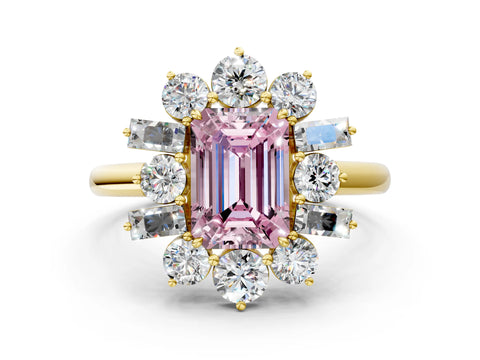 Yellow gold Fancy Pink Emerald Cut Diamond Cluster Ring with Round and Baguette Stones, Split Shank Band, Prong Setting