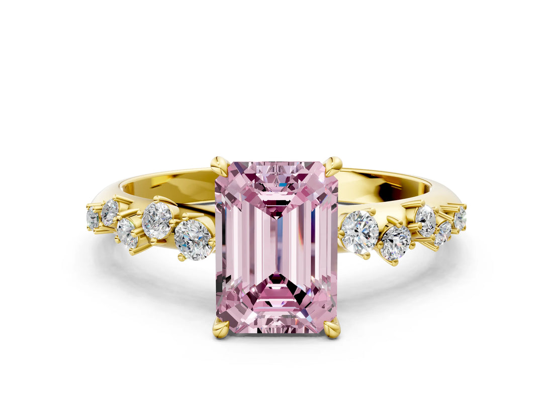 Yellow gold Fancy Pink Emerald Cut Diamond Cluster Side Stone Solitaire Ring with Prong Setting_53