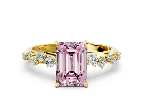 Yellow Gold Emerald Cut Graduated Cluster Engagement Ring Setting for Fancy Pink Center