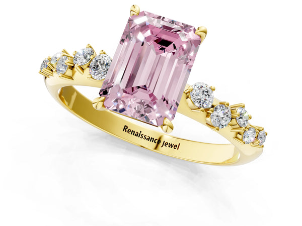 Yellow Gold Emerald Cut Graduated Cluster Engagement Ring Setting for Fancy Pink Center