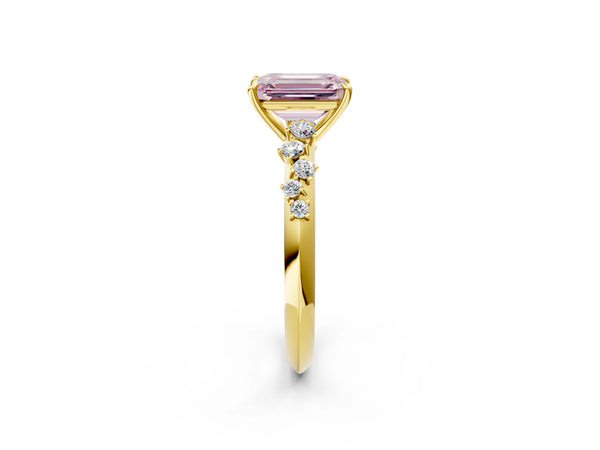 Yellow Gold Emerald Cut Graduated Cluster Engagement Ring Setting for Fancy Pink Center