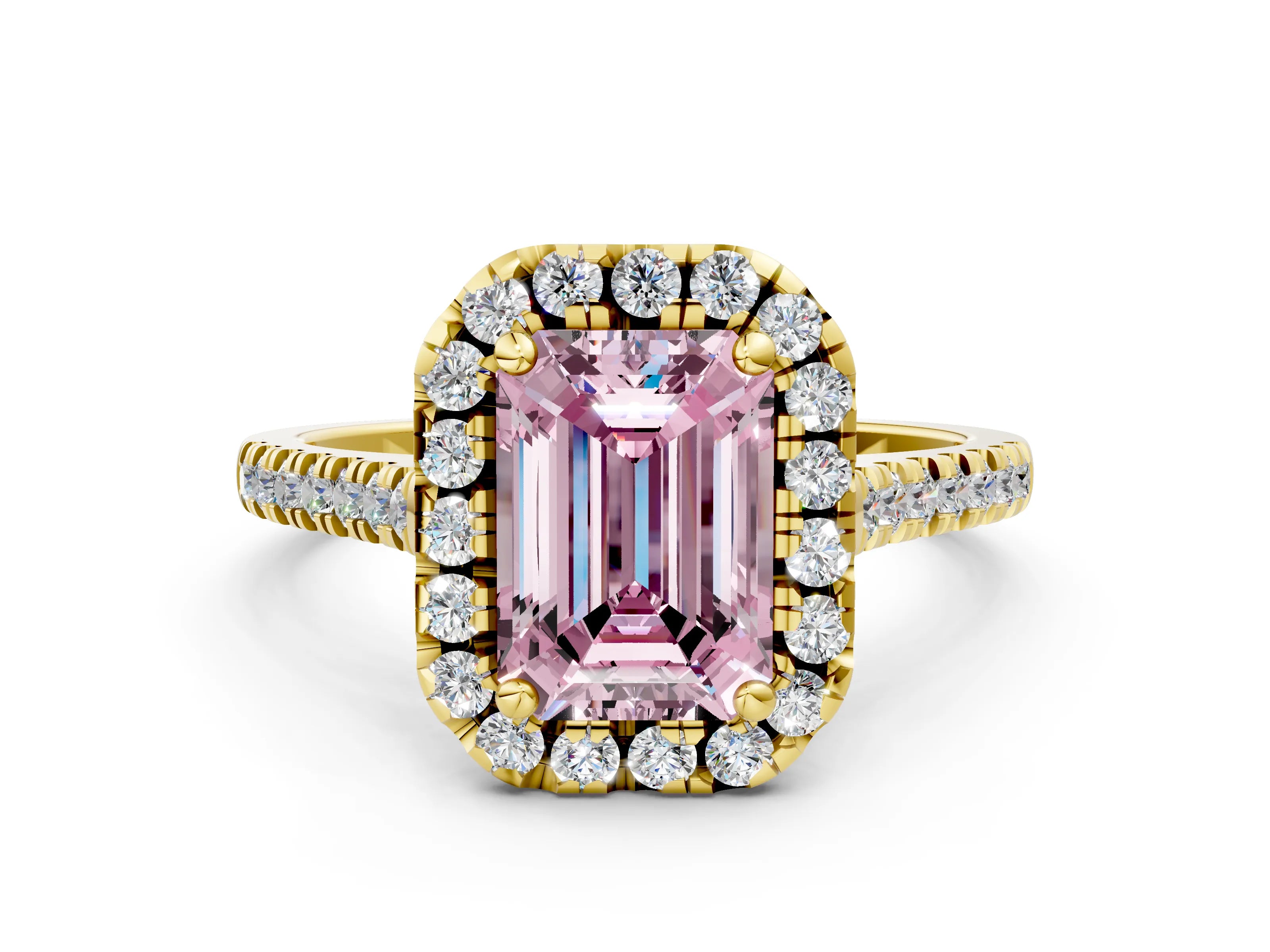 Yellow gold Fancy Pink Emerald Cut Diamond Cushion Halo Ring with Pavé Band