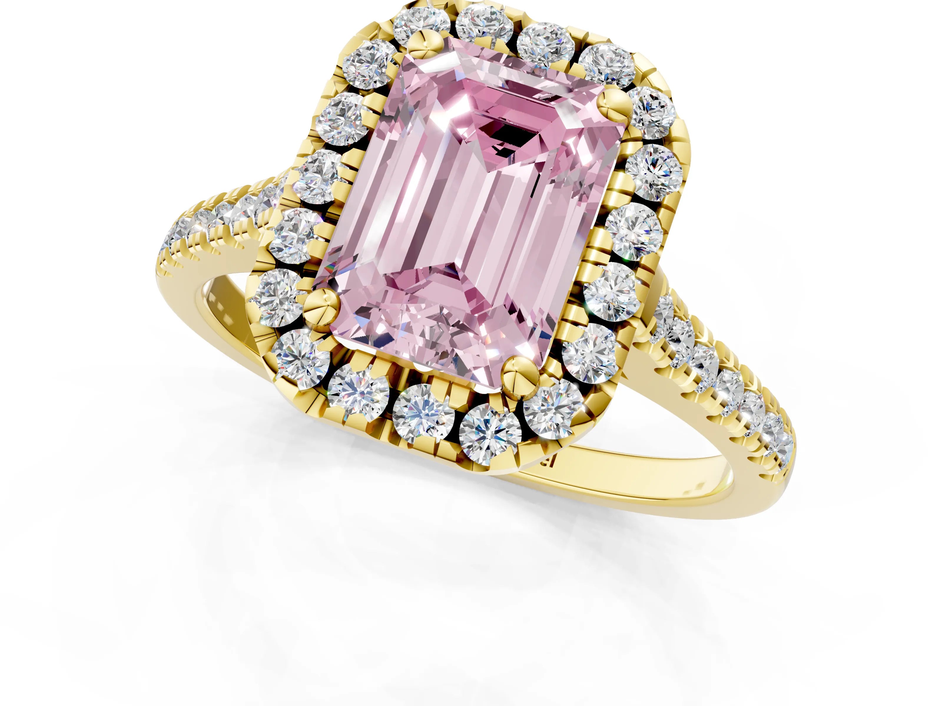 Yellow gold Fancy Pink Emerald Cut Diamond Cushion Halo Ring with Pavé Band_1
