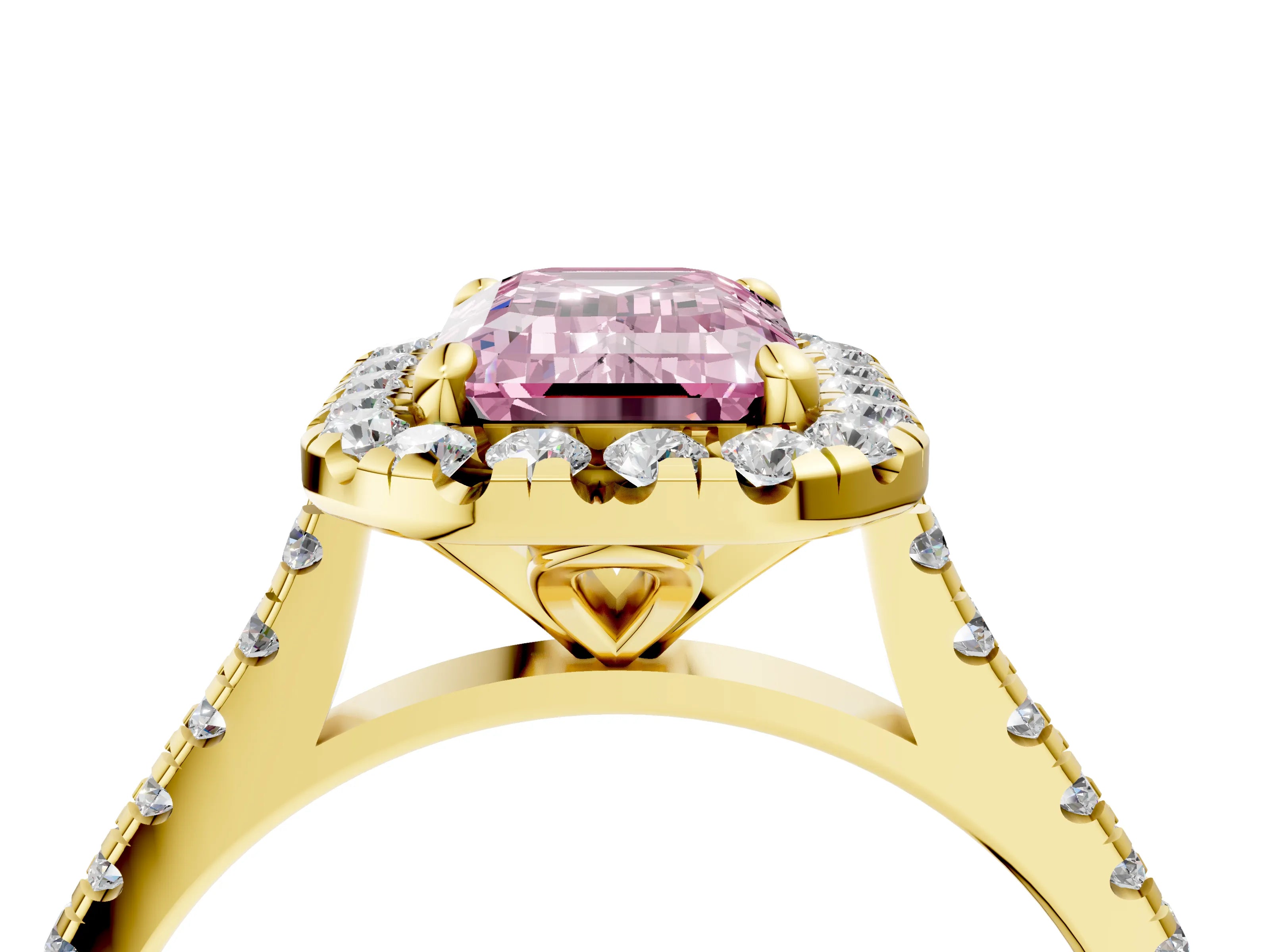 Yellow gold Fancy Pink Emerald Cut Diamond Cushion Halo Ring with Pavé Band_4