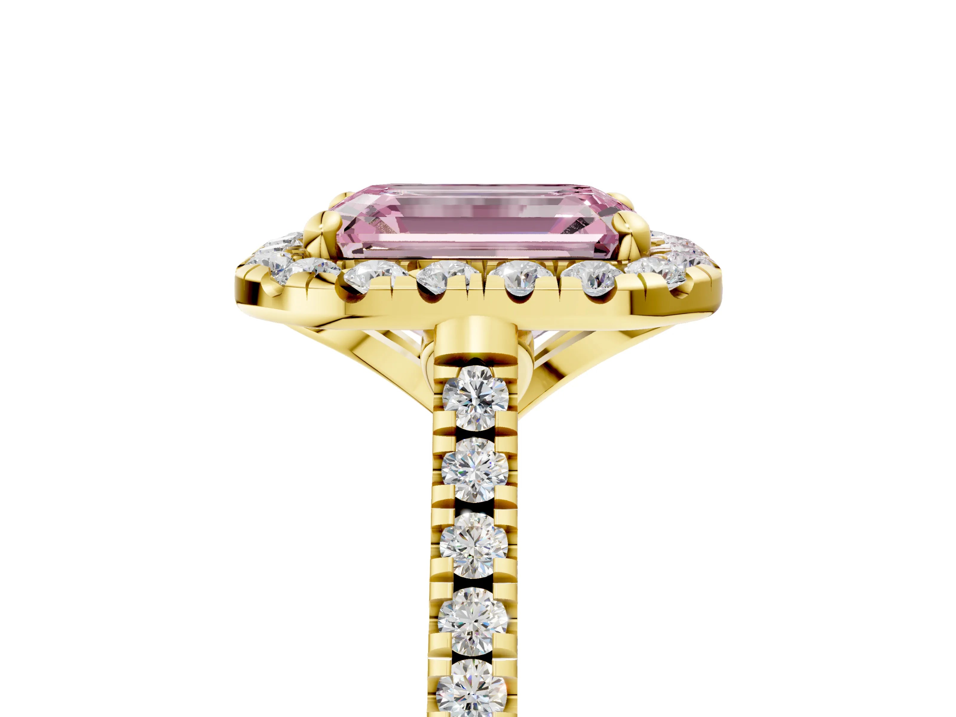 Yellow gold Fancy Pink Emerald Cut Diamond Cushion Halo Ring with Pavé Band_5