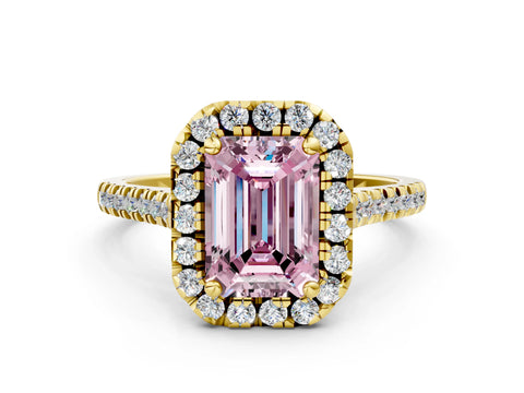Yellow gold Fancy Pink Emerald Cut Diamond Cushion Halo Ring with Pavé Band