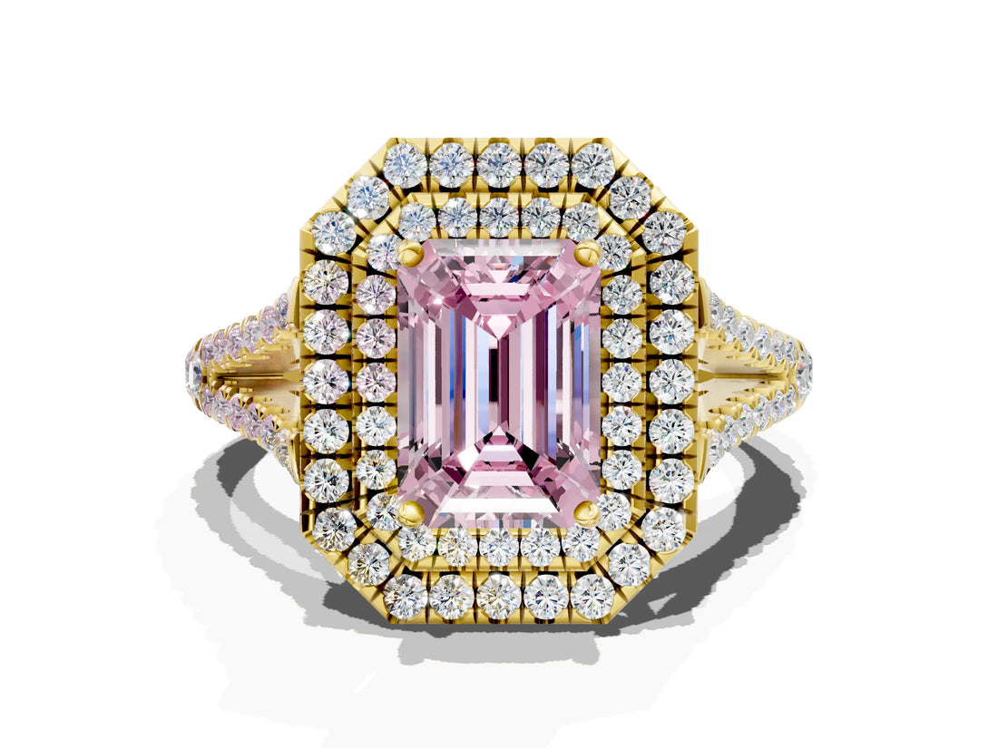 Yellow gold Fancy Pink Emerald Cut Diamond Double Halo Ring with Pavé Band and Prong Setting_101