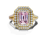 Yellow gold Fancy Pink Emerald Cut Diamond Double Halo Ring with Pavé Band and Prong Setting_101