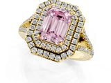 Yellow gold Fancy Pink Emerald Cut Diamond Double Halo Ring with Pavé Band and Prong Setting_102