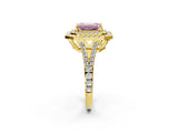 Yellow gold Fancy Pink Emerald Cut Diamond Double Halo Ring with Pavé Band and Prong Setting_103