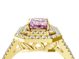 Yellow gold Fancy Pink Emerald Cut Diamond Double Halo Ring with Pavé Band and Prong Setting_105