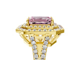 Yellow gold Fancy Pink Emerald Cut Diamond Double Halo Ring with Pavé Band and Prong Setting_106