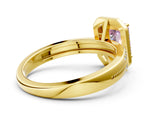 Yellow gold Fancy Pink Emerald Cut Diamond Double Halo Ring with Split Shank and Four-Prong Setting