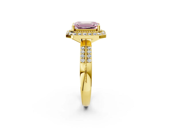 Yellow gold Fancy Pink Emerald Cut Diamond Double Halo Ring with Split Shank and Four-Prong Setting