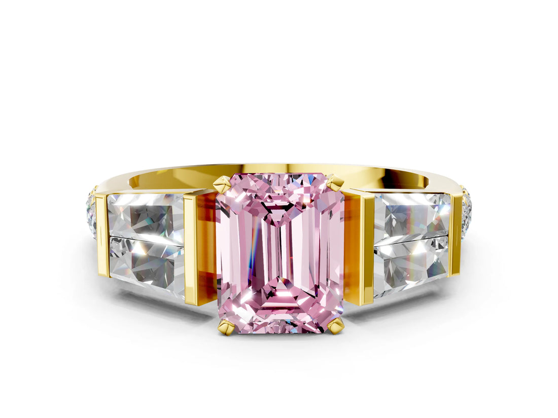 Yellow gold Fancy Pink Emerald Cut Diamond Engagement Ring with Baguette Side Stones and Channel Set Band_20