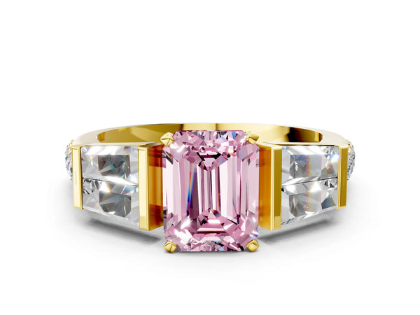 Yellow gold Fancy Pink Emerald Cut Diamond Engagement Ring with Baguette Side Stones and Channel Set Band
