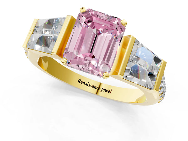 Yellow gold Fancy Pink Emerald Cut Diamond Engagement Ring with Baguette Side Stones and Channel Set Band